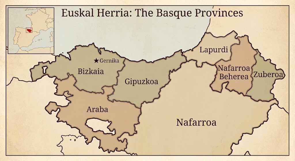 Map of Euskal Herria showing the seven traditional Basque provinces