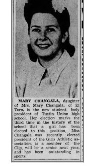 Newspaper clipping: Mary Changala elected Student Body President at Tustin Union High School